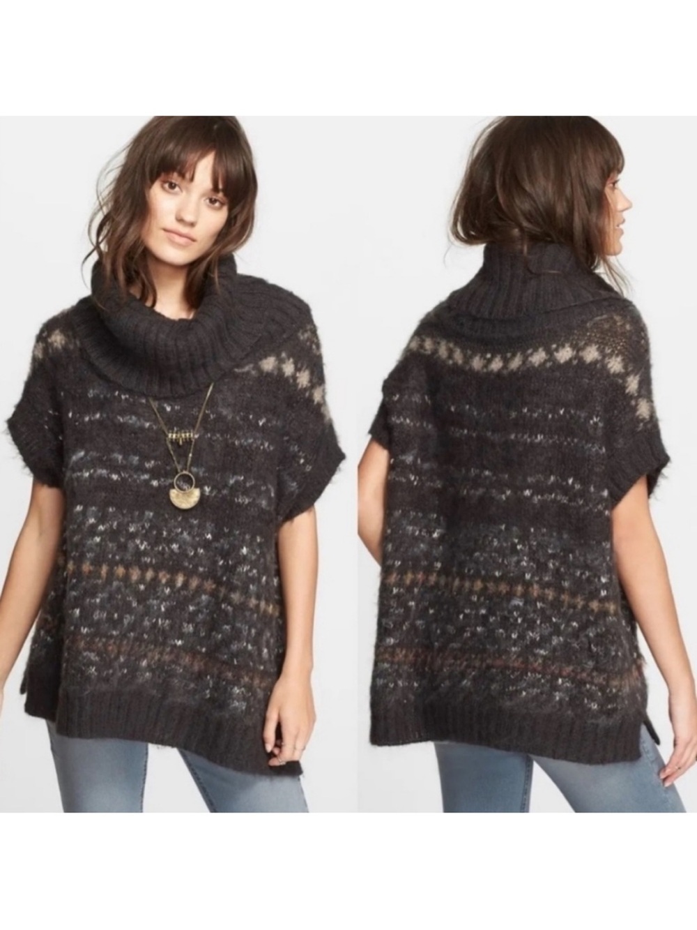 Free People Snow Bunny Fair Isle Cowl-Neck Sweater in Gray Women’s Small